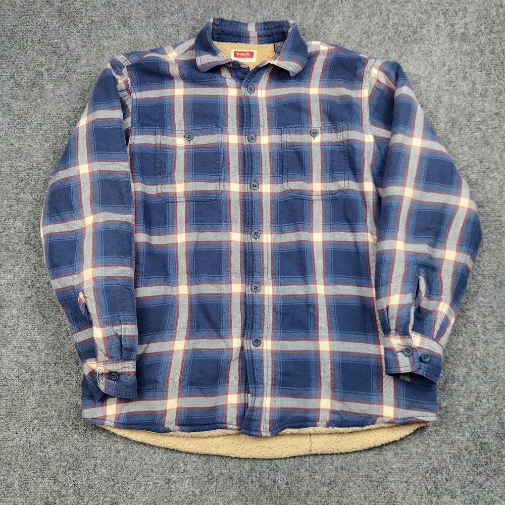 Wrangler Shirt Jacket‎ Mens Medium Blue Plaid Sherpa Fleece Lined Flannel
